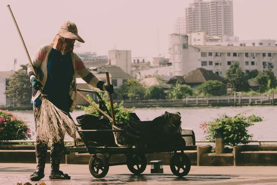 A realistic image of a professional cleaner with cleaning supplies in hand, ready to tackle a messy room