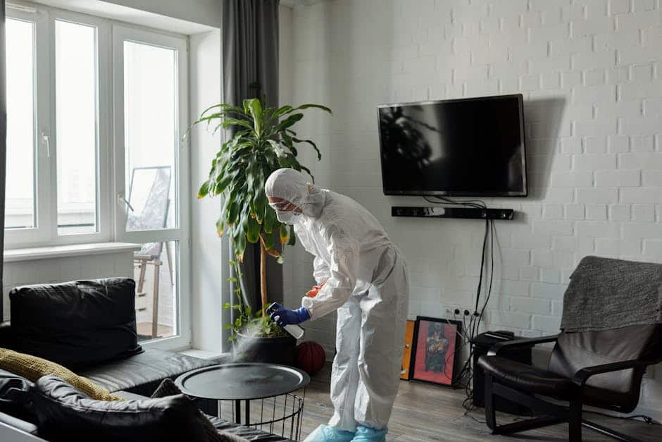 A realistic image of a professional cleaner with cleaning supplies in a tidy home